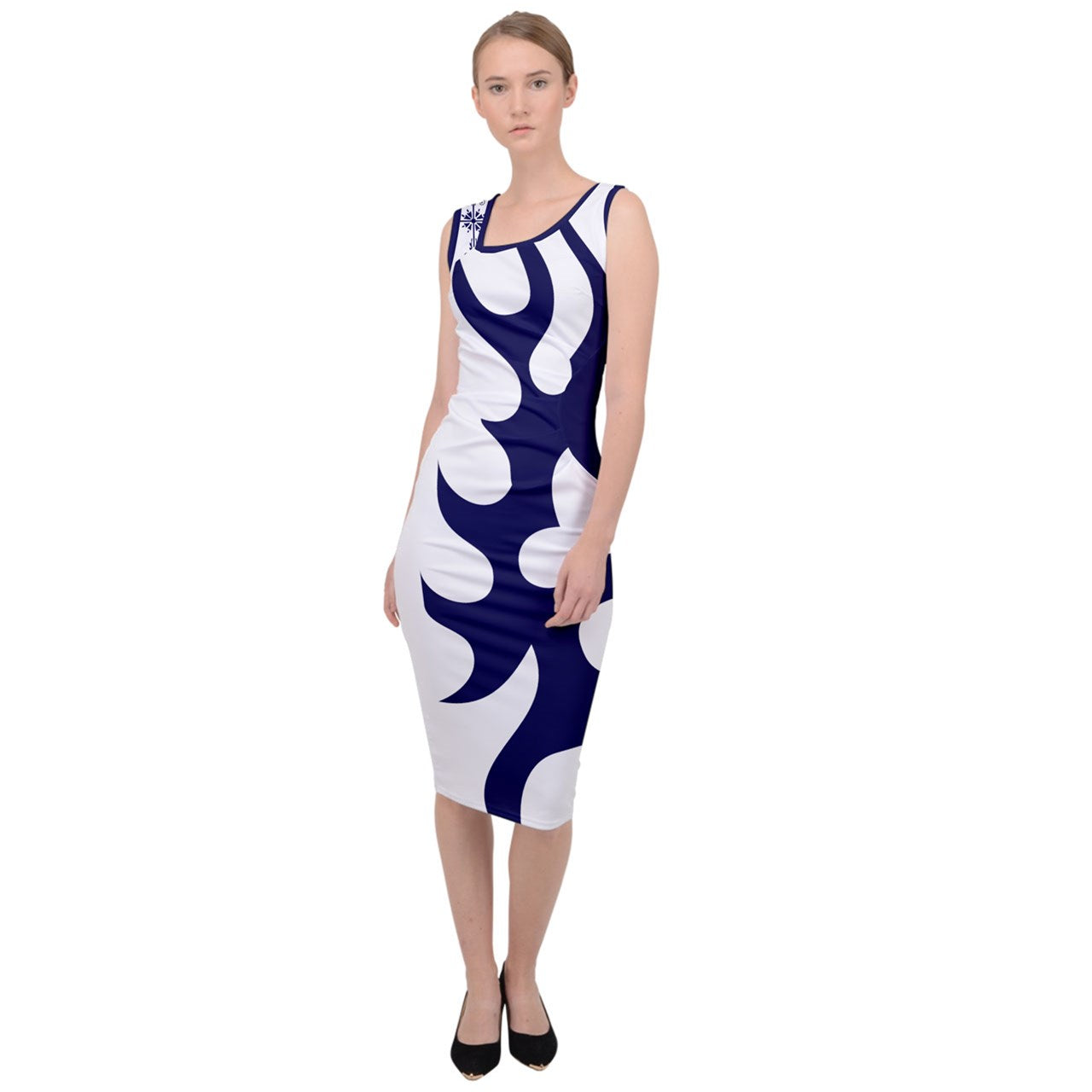 Blue Shadows Sleeveless Pencil Dress/ Back Slit Sheath Dress. Blue Shadows Sleeveless Pencil Dress/ Back Slit Sheath Dress. A modern classic flatters your silhouette, our sheath steps out with a sleek back slit. Limerick neck. Sleeveless.