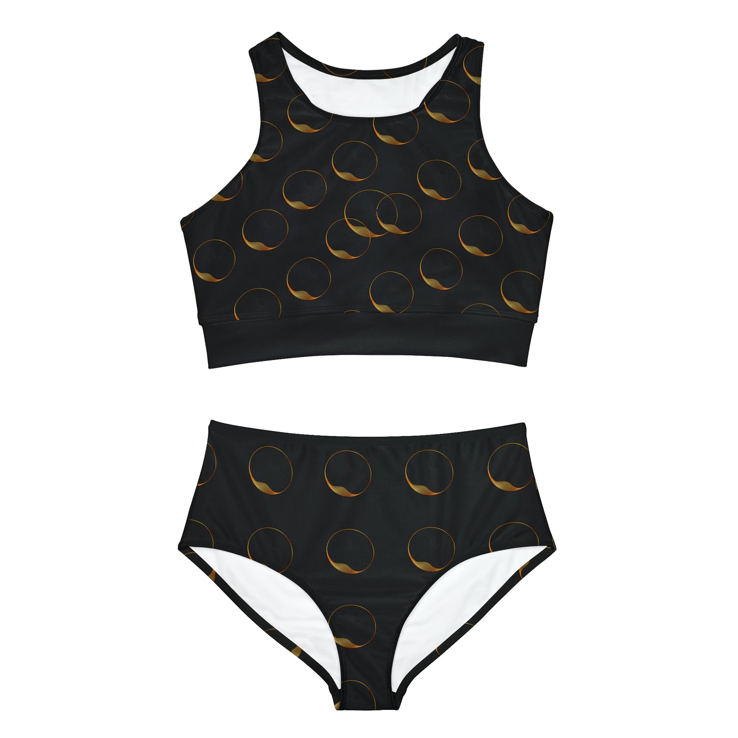 Gold Bubbles Sporty Bikini Set This full-coverage bikini set combines an athletic style with high-end comfort. Thanks to its 4-way stretch fabric blend (82% polyester, 18% spandex), it delivers unmatched comfort for peak performance in the water. Each set comes with a high-waisted cut for timeless style. Shipping From USA To United State