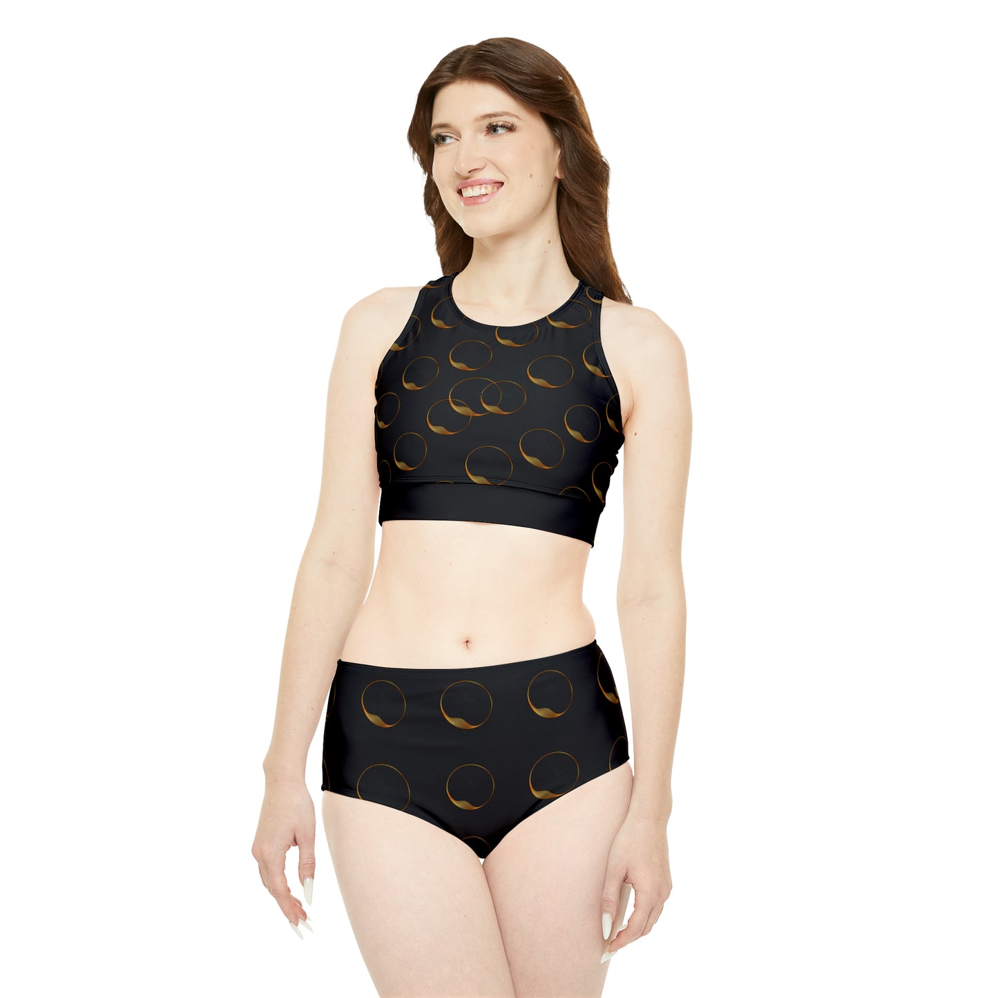 Gold Bubbles Sporty Bikini Set This full-coverage bikini set combines an athletic style with high-end comfort. Thanks to its 4-way stretch fabric blend (82% polyester, 18% spandex), it delivers unmatched comfort for peak performance in the water. Each set comes with a high-waisted cut for timeless style. Shipping From USA To United State