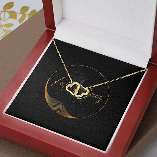 10K Yellow Gold Hearts Necklet A stunning, infinitely connected pair of 10K solid yellow gold hearts that perfectly symbolizes your Everlasting Love. Each heart is intricately accented with 18 pave set diamonds with a 0.07-carat weight, adding magnificent sparkle.