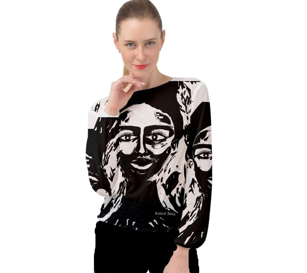 Frida Monogram Banded Bottom Chiffon Top A breezy chiffon top that looks effortlessly elegant even when casually paired with a pair of shorts. Design it with unique prints. Chiffon Loose Fit Elastic banded bottom and sleeves Machine wash Weight: 110 gem Imprinted using an advance heat sublimation technique