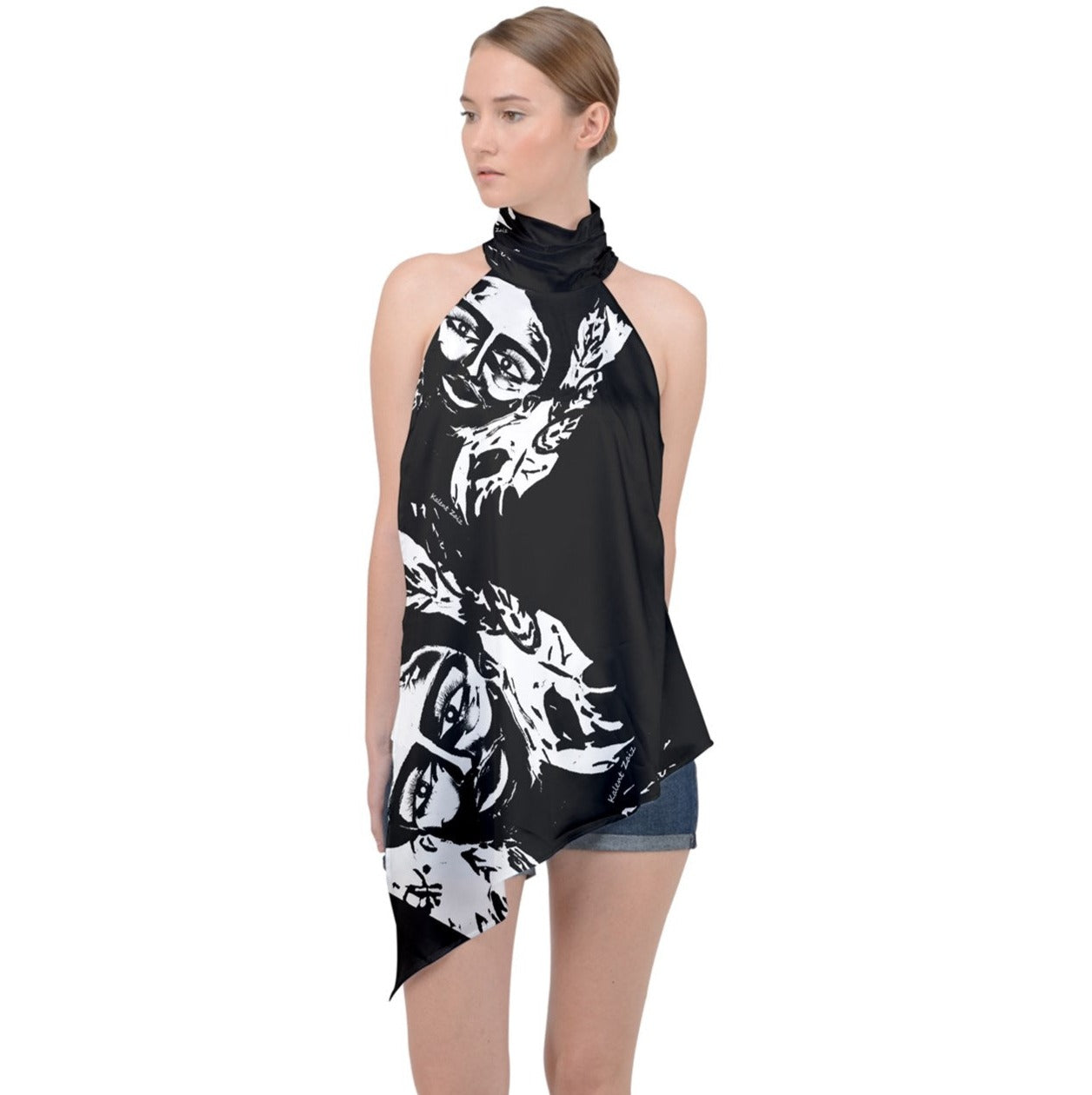 Frida Halter Asymmetric Satin Top Pair this custom Halter Asymmetric Satin Top with shorts or skirts for an elegant outfit to go out in. Satin Relaxed Fit Halter neck design Soft and smooth material Fully Customizable Machine wash Designs imprinted using an advance heat sublimation technique