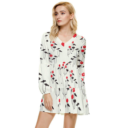 Kalent Zaiz Chic Long Sleeve Tiered Mini Dress Every girl knows that a Mini Dress, just like your favorite wear-anywhere clothing, is the key to a nice outfit without all the effort. and is polished and casual-cool, they just get you and your frills-free sense of style, plus they’re just as versatile as any classic closet basic.  The dress comes with tiered V-neck design, making it a flattering cut for any body shape. It's easy to design and makes a simple outfit.