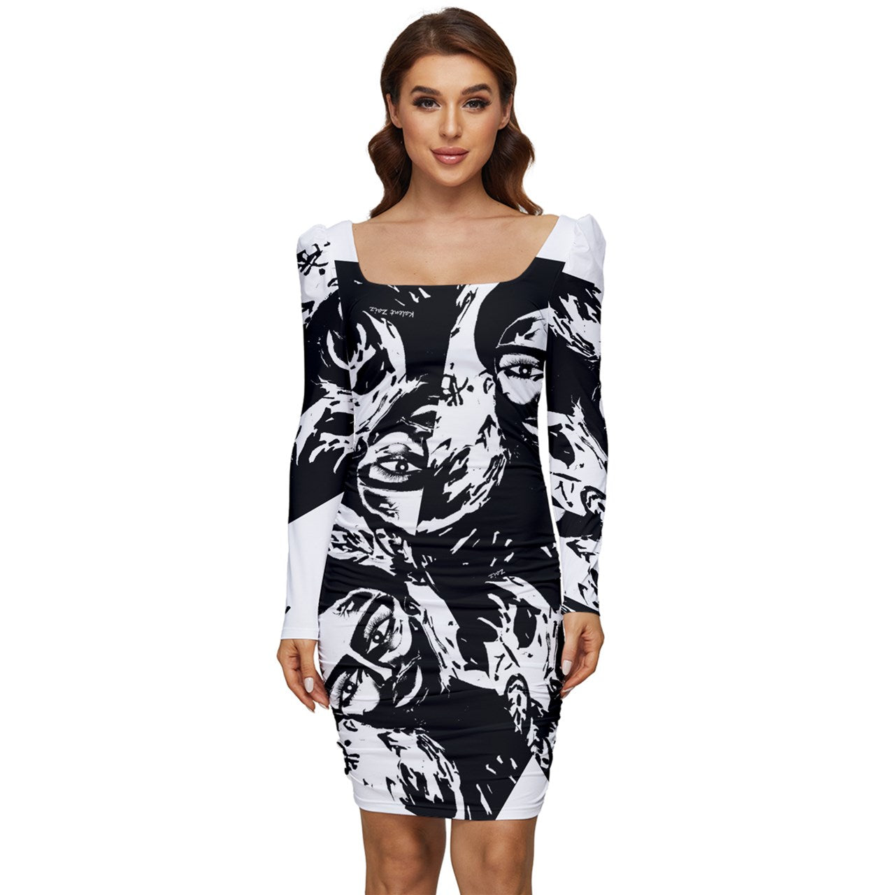 Frida Ruched Stretch Jersey, Long Sleeve Women's Dress. By: Kalent Zaiz signature Cap Sleeve Slim fit Designs advance heat sublimation technique