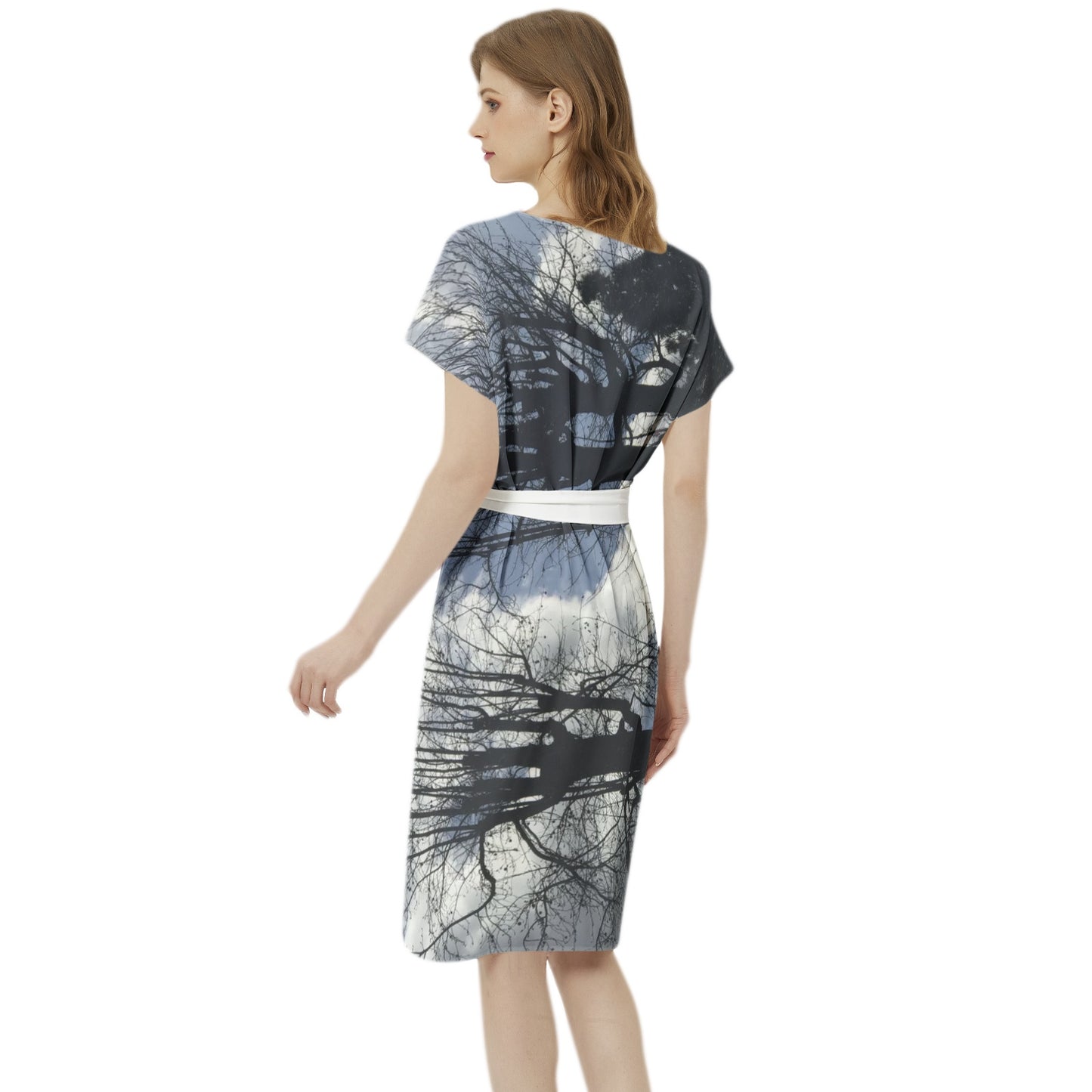 Sleeveless Notch Neck Casual Dress with Belt By Kalent Zaiz Chiffon, Fabric has slight stretch Batwing sleeve, Notched neck, Belt tie waist, Straight hem, Tunic, Casual dress This batwing sleeve midi dress is suitable for party, vacation, outdoor, traveling, festival, date, homecoming, office, picnic, shopping wear and so on Model is 5'8.9"/175cm(B:31.89"/81cm, W:23.62"/60cm, H:34.65"/88cm) and wearing a size Small; Designed to have a regular fit Machine Washable; Do Not Bleach