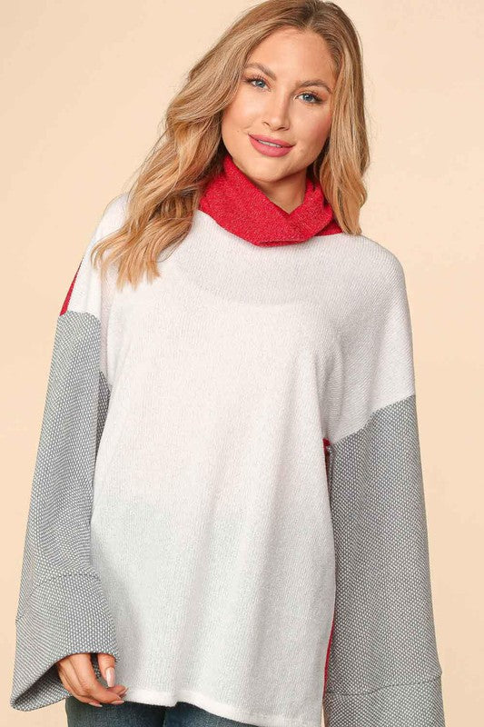 TWO TONE MIR TURLTE NECK BELL SLEEVE TOP