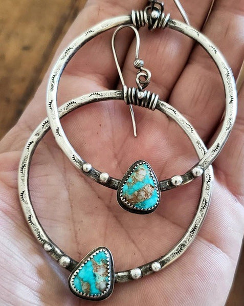 Wish explosion retro silver turquoise earrings Europe and America creative eyelashes handmade big circle earrings