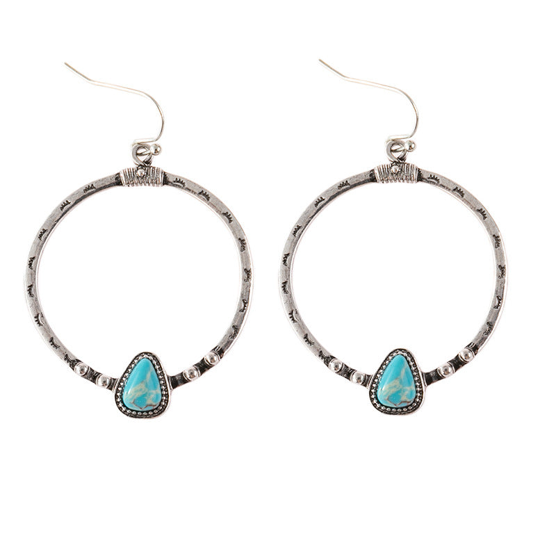 Wish explosion retro silver turquoise earrings Europe and America creative eyelashes handmade big circle earrings