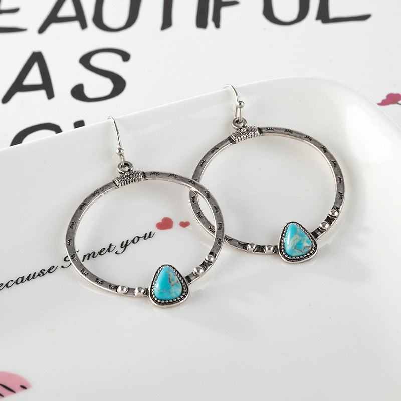 Wish explosion retro silver turquoise earrings Europe and America creative eyelashes handmade big circle earrings