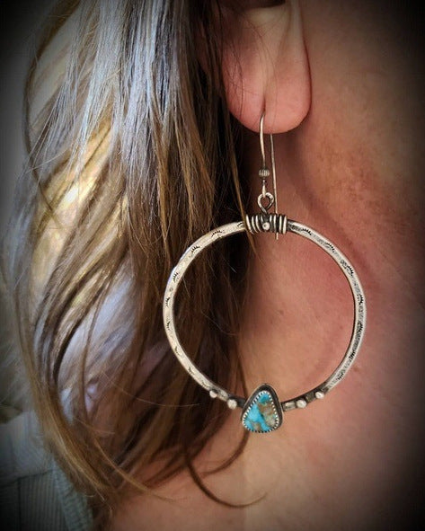 Wish explosion retro silver turquoise earrings Europe and America creative eyelashes handmade big circle earrings