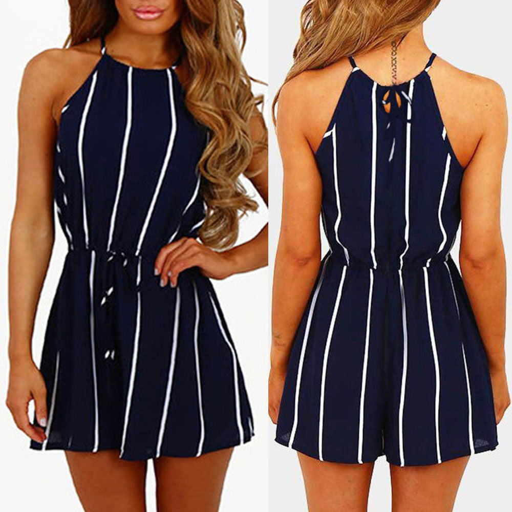 Women casual Off Shoulder Striped sexy jumpsuit in Sleeveless