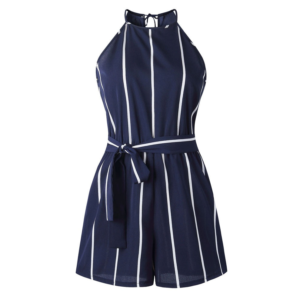 Women casual Off Shoulder Striped sexy jumpsuit in Sleeveless