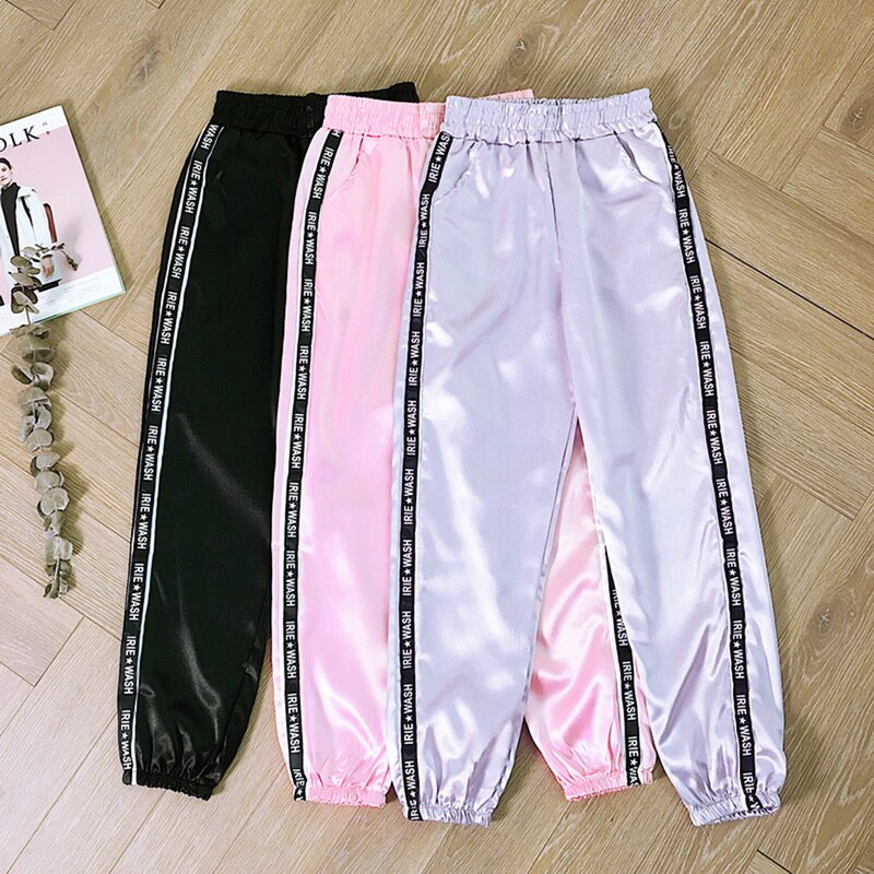 LITTHING 2019 Women Summer Pocket Satin Highlight Harem Pants Women Glossy Ribbon Trousers Harajuku Joggers Women's Loose Pants