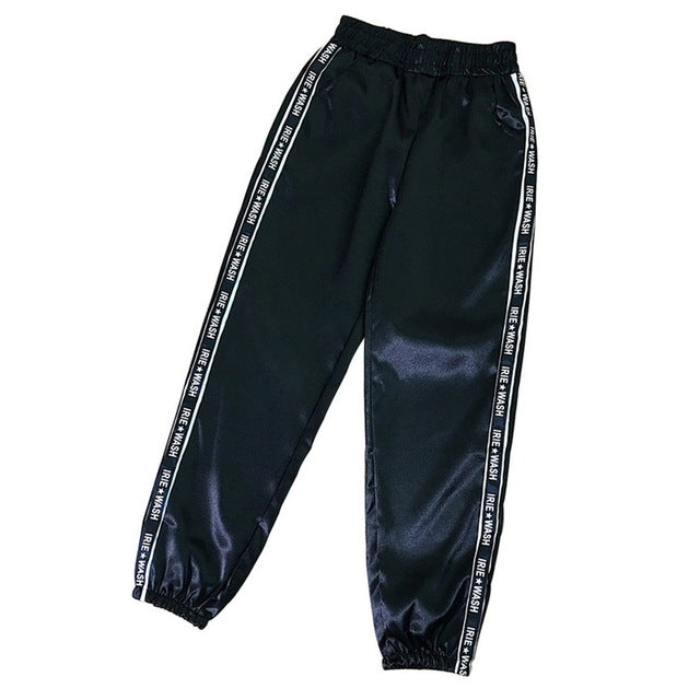 LITTHING 2019 Women Summer Pocket Satin Highlight Harem Pants Women Glossy Ribbon Trousers Harajuku Joggers Women's Loose Pants