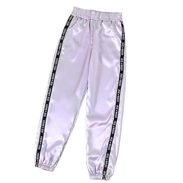 LITTHING 2019 Women Summer Pocket Satin Highlight Harem Pants Women Glossy Ribbon Trousers Harajuku Joggers Women's Loose Pants