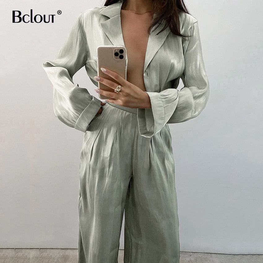 Green Vintage Two Piece Sets Women Autumn Sets Of Elegant Woman Long Sleeve Top And High Waist Pants 2 Piece Set Female