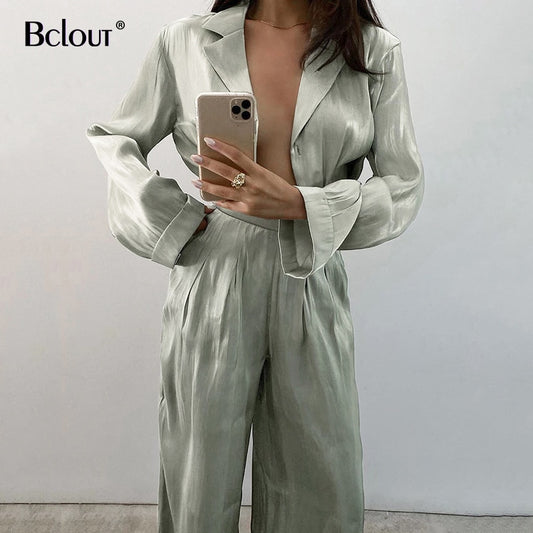 Green Vintage Two Piece Sets Women Autumn Sets Of Elegant Woman Long Sleeve Top And High Waist Pants 2 Piece Set Female