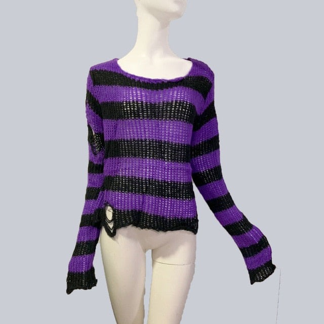 Plus Size Punk Gothic Long Unisex Sweater Dress Cool Hollow Out Hole Broken Jumper Loose Rock Thin Sweter 2020 Women Man Striped