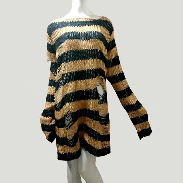 Plus Size Punk Gothic Long Unisex Sweater Dress Cool Hollow Out Hole Broken Jumper Loose Rock Thin Sweter 2020 Women Man Striped