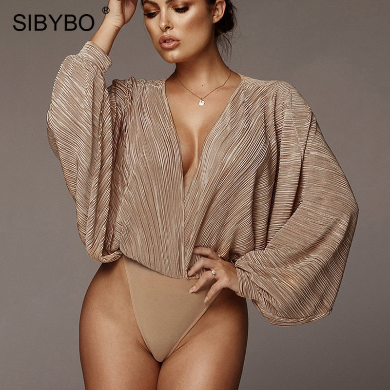 Sibybo Deep V-Neck Pleated Sexy Bodysuit Women Fashion Long Sleeve Loose Women Rompers Spring Casual Bodysuit Jumpsuit 2021 Tops