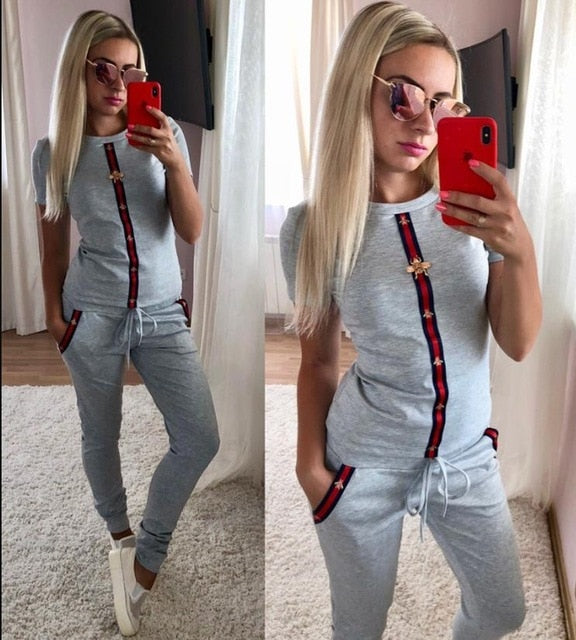 New women short sleeve two piece set outfits suits print shirts tops+pants casual tracksuit sportwear Workout Matching Sets