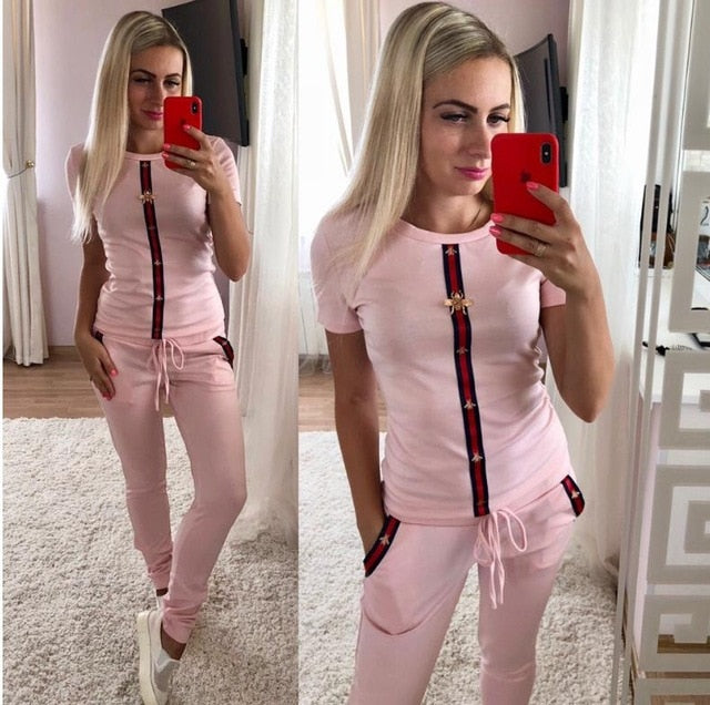 New women short sleeve two piece set outfits suits print shirts tops+pants casual tracksuit sportwear Workout Matching Sets