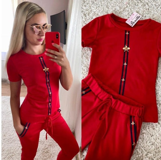 New women short sleeve two piece set outfits suits print shirts tops+pants casual tracksuit sportwear Workout Matching Sets