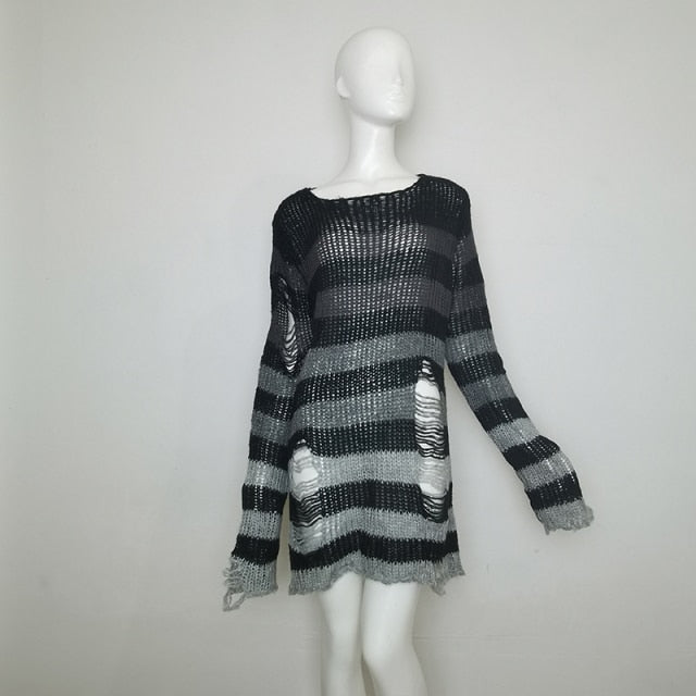 Plus Size Punk Gothic Long Unisex Sweater Dress Cool Hollow Out Hole Broken Jumper Loose Rock Thin Sweter 2020 Women Man Striped