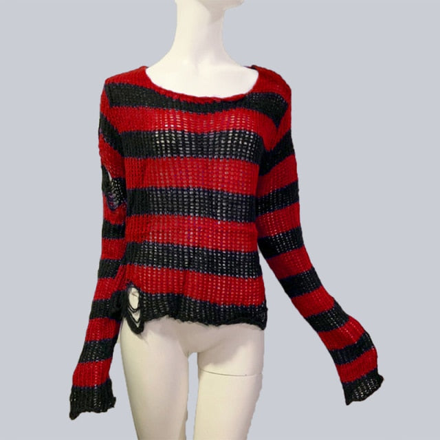 Plus Size Punk Gothic Long Unisex Sweater Dress Cool Hollow Out Hole Broken Jumper Loose Rock Thin Sweter 2020 Women Man Striped