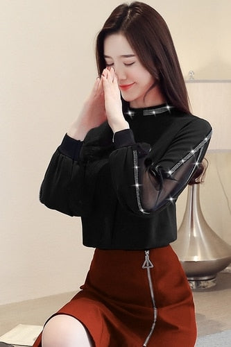 Chiffon Shirts Diamonds New 2021 Sexy Hollow out Mesh harajuku Shirts Elegant Stand Collar Long Sleeve Women Tops blusas H34D