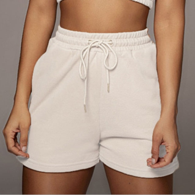 Casual Solid Sportswear Two Piece Sets Women 2021 Crop Top And Drawstring Shorts Matching Set Summer Athleisure Outfits