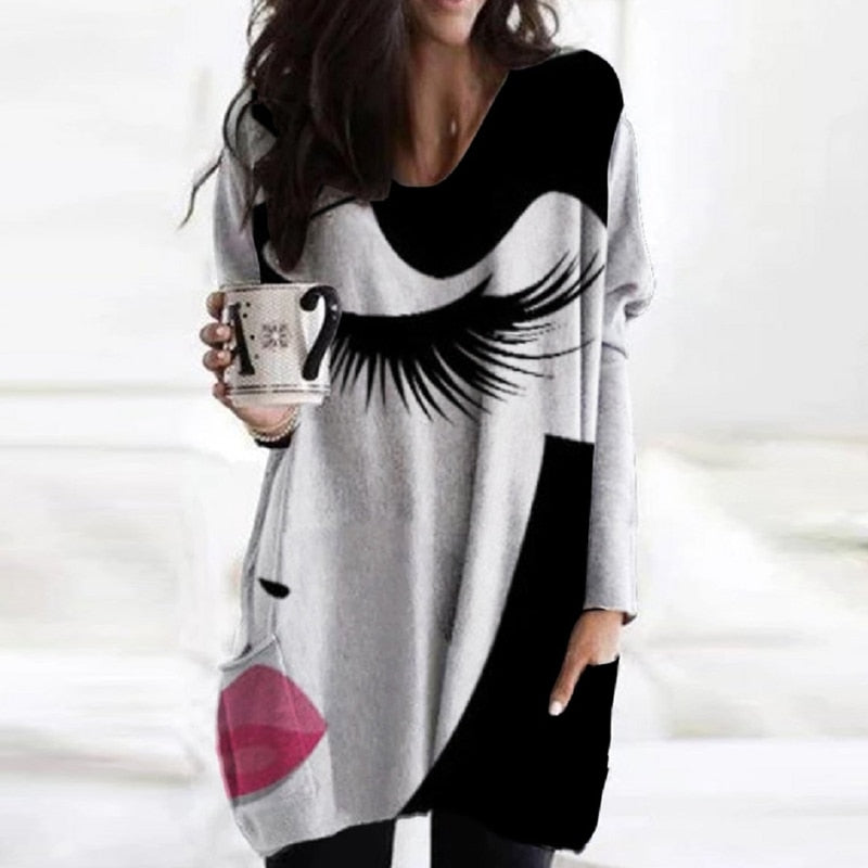 New Fashion Womens Elegant Loose Pullover Shirt Long Sleeve Tops Female V-Neck T Shirt Streetwear Abstract Face Print Tee Shirts