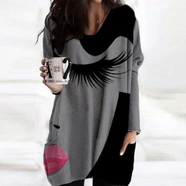 New Fashion Womens Elegant Loose Pullover Shirt Long Sleeve Tops Female V-Neck T Shirt Streetwear Abstract Face Print Tee Shirts