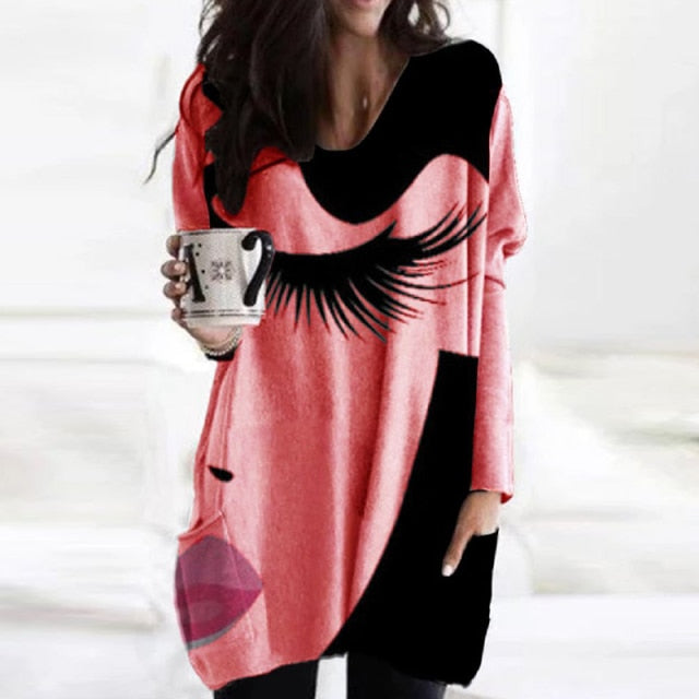 New Fashion Womens Elegant Loose Pullover Shirt Long Sleeve Tops Female V-Neck T Shirt Streetwear Abstract Face Print Tee Shirts