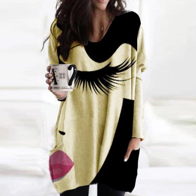 New Fashion Womens Elegant Loose Pullover Shirt Long Sleeve Tops Female V-Neck T Shirt Streetwear Abstract Face Print Tee Shirts