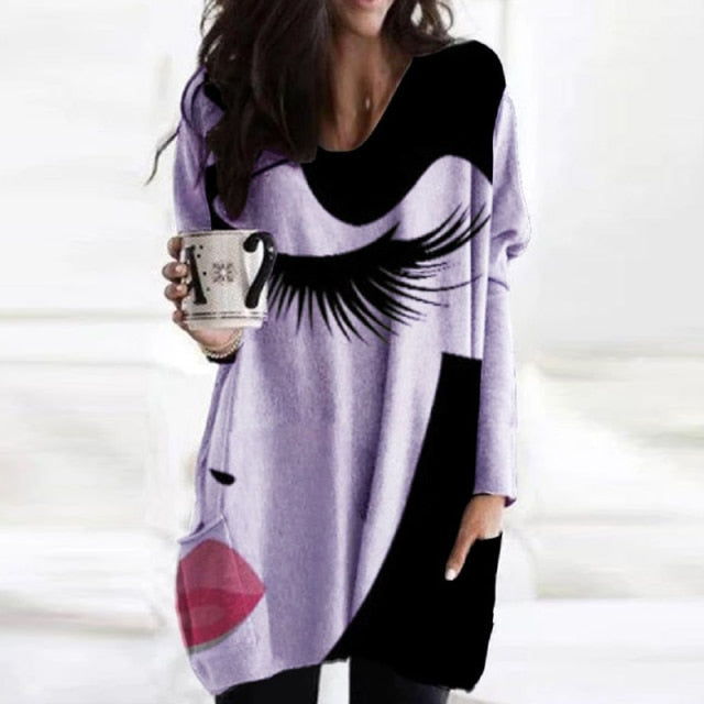 New Fashion Womens Elegant Loose Pullover Shirt Long Sleeve Tops Female V-Neck T Shirt Streetwear Abstract Face Print Tee Shirts