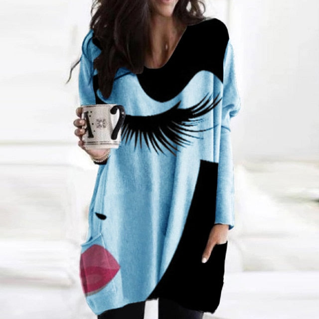 New Fashion Womens Elegant Loose Pullover Shirt Long Sleeve Tops Female V-Neck T Shirt Streetwear Abstract Face Print Tee Shirts