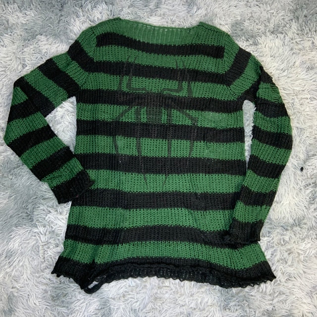 Plus Size Punk Gothic Long Unisex Sweater Dress Cool Hollow Out Hole Broken Jumper Loose Rock Thin Sweter 2020 Women Man Striped