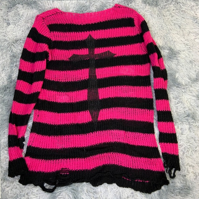 Plus Size Punk Gothic Long Unisex Sweater Dress Cool Hollow Out Hole Broken Jumper Loose Rock Thin Sweter 2020 Women Man Striped
