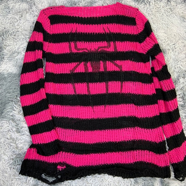 Plus Size Punk Gothic Long Unisex Sweater Dress Cool Hollow Out Hole Broken Jumper Loose Rock Thin Sweter 2020 Women Man Striped