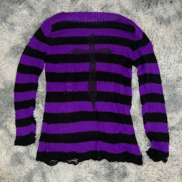 Plus Size Punk Gothic Long Unisex Sweater Dress Cool Hollow Out Hole Broken Jumper Loose Rock Thin Sweter 2020 Women Man Striped