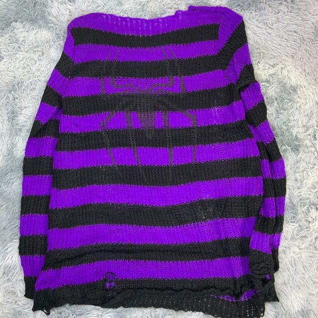 Plus Size Punk Gothic Long Unisex Sweater Dress Cool Hollow Out Hole Broken Jumper Loose Rock Thin Sweter 2020 Women Man Striped