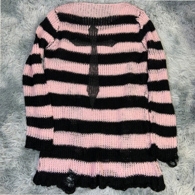 Plus Size Punk Gothic Long Unisex Sweater Dress Cool Hollow Out Hole Broken Jumper Loose Rock Thin Sweter 2020 Women Man Striped
