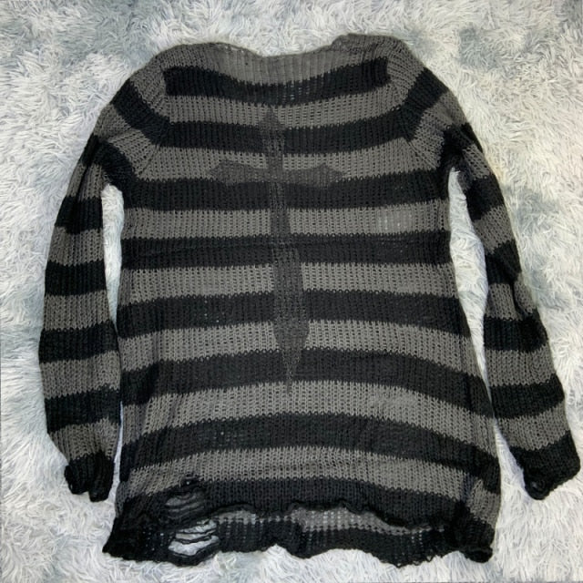 Plus Size Punk Gothic Long Unisex Sweater Dress Cool Hollow Out Hole Broken Jumper Loose Rock Thin Sweter 2020 Women Man Striped