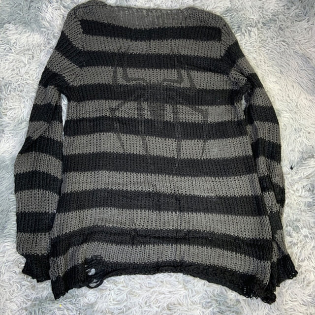 Plus Size Punk Gothic Long Unisex Sweater Dress Cool Hollow Out Hole Broken Jumper Loose Rock Thin Sweter 2020 Women Man Striped