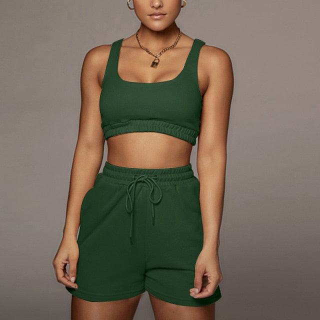 Casual Solid Sportswear Two Piece Sets Women 2021 Crop Top And Drawstring Shorts Matching Set Summer Athleisure Outfits