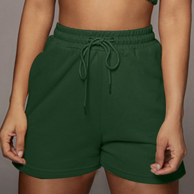 Casual Solid Sportswear Two Piece Sets Women 2021 Crop Top And Drawstring Shorts Matching Set Summer Athleisure Outfits