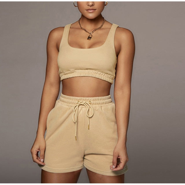 Casual Solid Sportswear Two Piece Sets Women 2021 Crop Top And Drawstring Shorts Matching Set Summer Athleisure Outfits