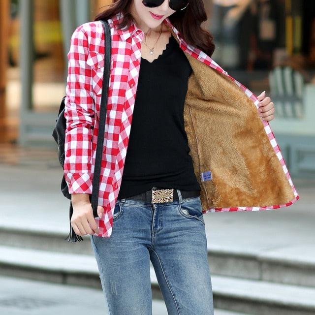 Velvet Thick Warm Women's Plaid Shirt Female Long Sleeve Tops M-XXL Winter Fleece Casual Check Blouse Autumn Clothes T77710A