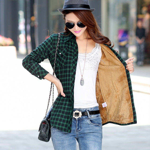 Velvet Thick Warm Women's Plaid Shirt Female Long Sleeve Tops M-XXL Winter Fleece Casual Check Blouse Autumn Clothes T77710A